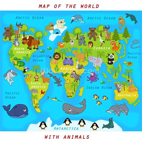 Map Of The World With Animals Wallpaper Wallsauce Uk