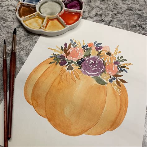 Watercolor Pumpkin With Fall Floral Arrangement Digital Etsy