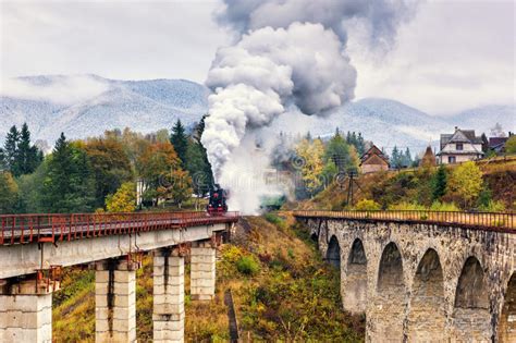 Old Steam Train Passing Over Railway Viaduct Stock Image Image Of
