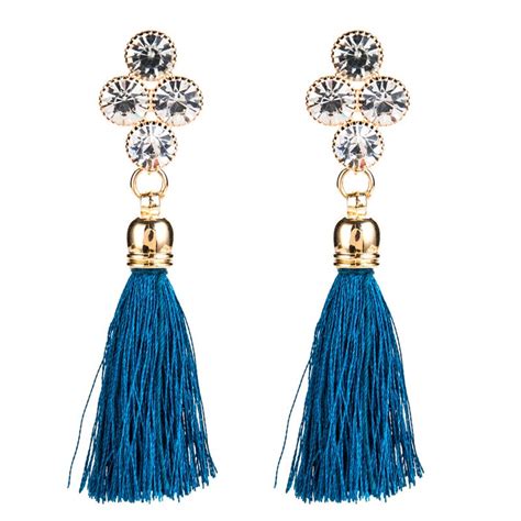 2018 fashion brand bohemian crystal tassel earrings black white blue red silk fabric long drop