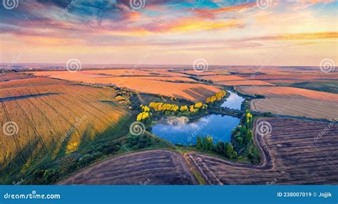 Superb Summer Sunrise On Ternopil Outskirts With Two Lakes And Asphalt