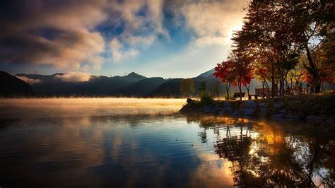 Walkway Dock Lake Grass Sunrise Mountain Trees Clouds Water Reflection