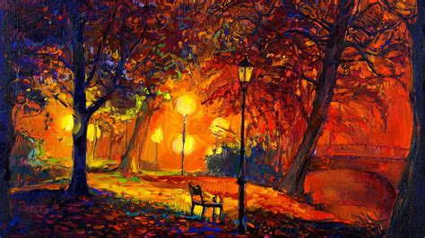 Digital Art Nature Trees Painting Park Bench Lamps