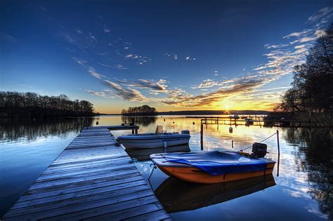 Hd Wallpaper Two Orange And White Motor Boats Beside Brown Wooden Lake