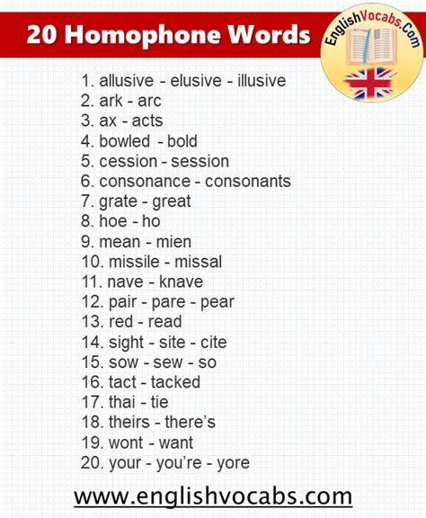 20 Examples Of Homophones Word List English Vocabs