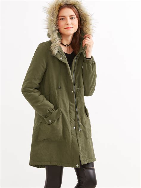 Olive Green Faux Fur Hooded Parka Coat Shein Sheinside