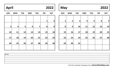 Print April May 2022 Calendar Template 2 Month Calendar