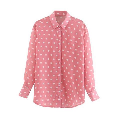 women cute chic sweet pink shirts casual female white polka dot blouses long sleeve turn down