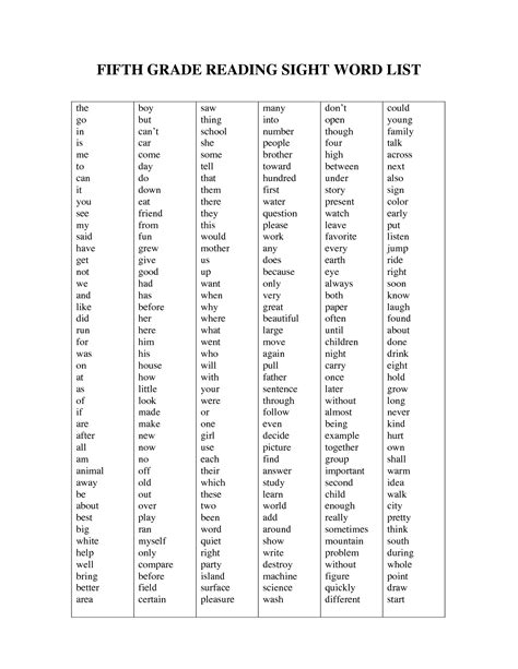 List Of Sight Words Fifth Grade Reading Sight Word List Sight Word