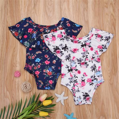 Newborn Baby Girls Flower Off Should Bodysuit Jumpsuit Outfits Clothes