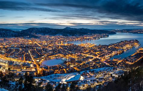 Wallpaper Winter Mountains Norway Panorama Night City Norway