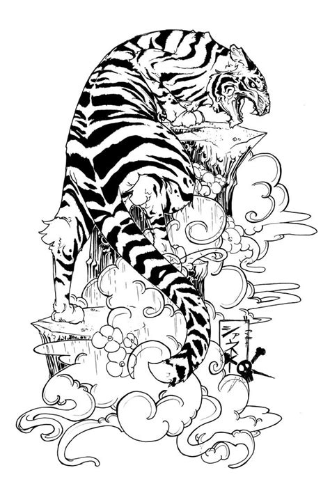 Dire Japanese Tiger Climbing Smoked Rocks Tattoo Design Tattooimagesbiz