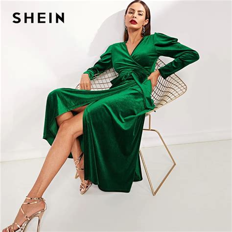 Shein Green Elegant Party Solid Puff Sleeve Tie Waist Split Side