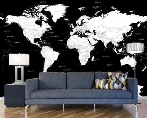 World Map Decal World Map Wallpaper Black And White World Etsy