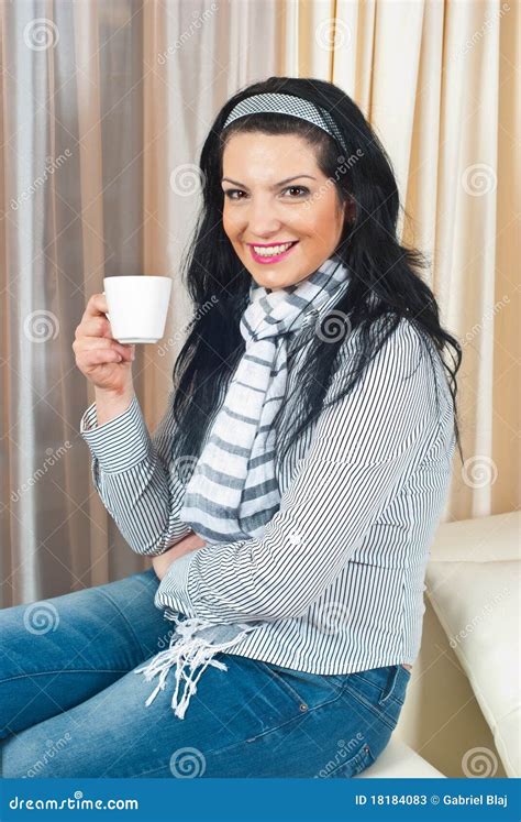 smiling woman with tea cup home stock image image of lifestyle indoor 18184083