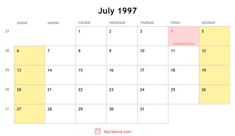 July 1997 Calendar With Holidays Monthly Printable Calendar