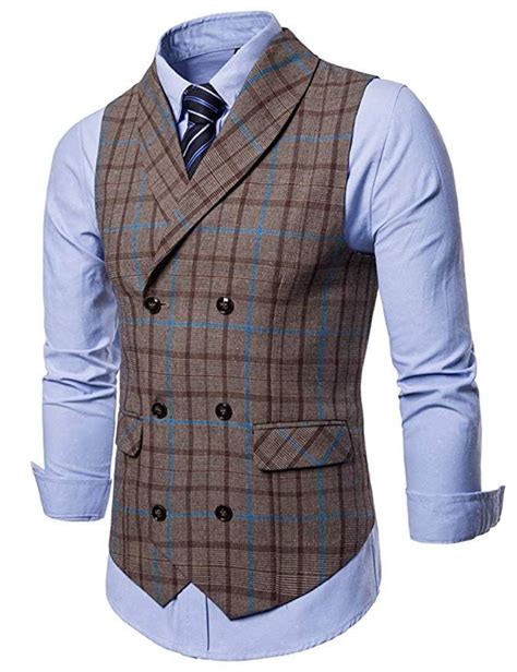 Saovere Mens Business Formal Plaid Suit Vests Slim Fit Double Breasted Shawl Collar 6 Button