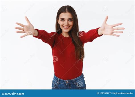 Friendly Lovely Pretty Brunette Caucasian Girl In Red Sweater Spread