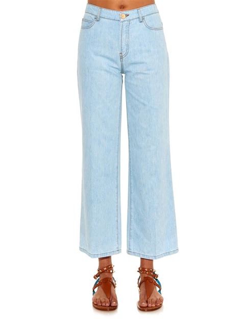 Valentino High Waisted Wide Leg Cropped Jeans In Light Denim Blue Lyst