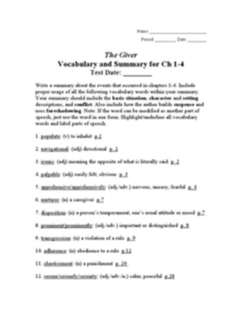 The book starts with flashbacks of jonas. The Giver: Vocabulary and Summary for Ch 1-4 Worksheet for ...