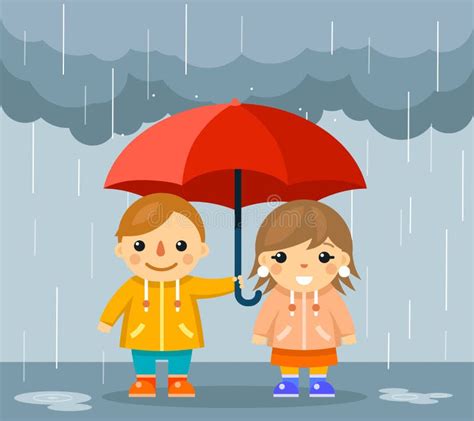 Boy And Girl Standing In The Rain Under Umbrella Stock Vector