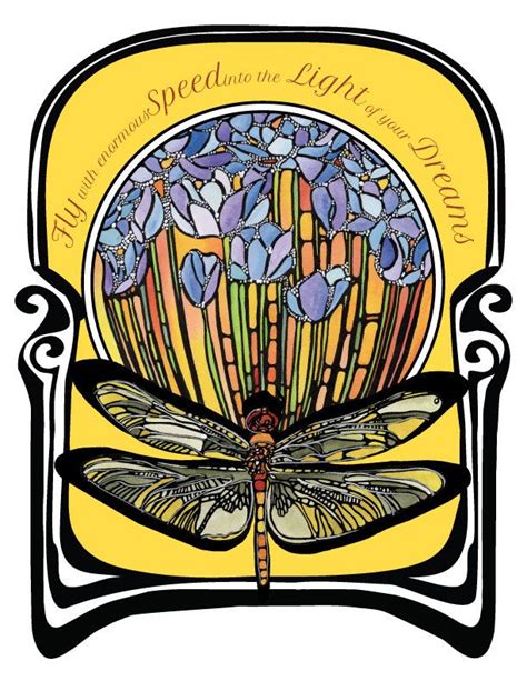 Dragonfly Art Nouveau Print Yellow Dragonfly And Purple Flowers 8x10
