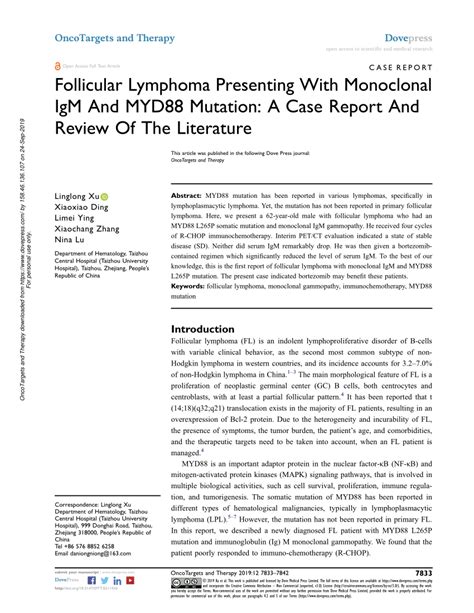 Pdf Follicular Lymphoma Presenting With Monoclonal Igm And Myd88