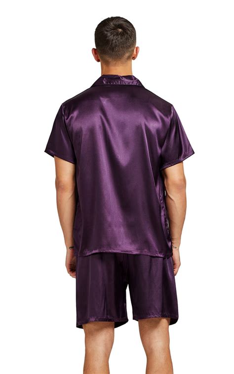 Mens Silk Satin Pajama Set Short Sleeve Dark Purple With Black Piping