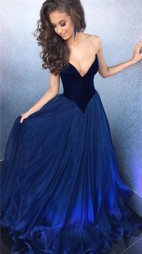 Sexy Strapless Bodice Corset Long Organza Navy Blue Prom Dresses Ball Gowns 2017 Royal Blue