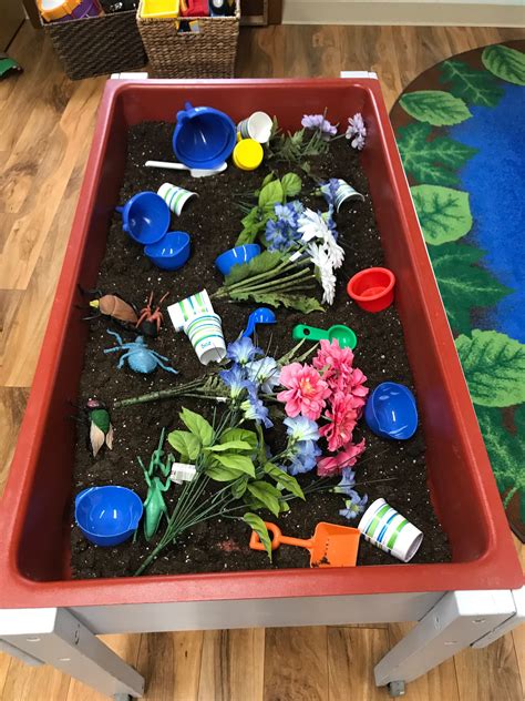 Spring Sensory Table Soil Fake Flowers Shovels Rakes Cups Etc