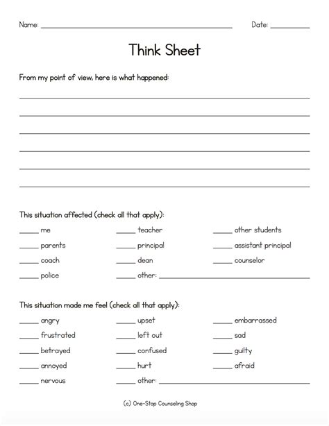 Behavior Think Sheets One Stop Counseling Shop