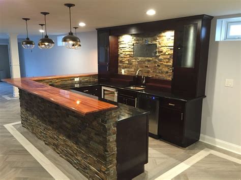 Basement Ideas Custom Bar With Wood Top California Ledger Stone Work
