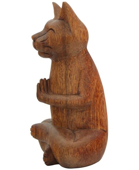 Hand Carved Wooden Praying Namaste Cat Statue Chat Zenitude