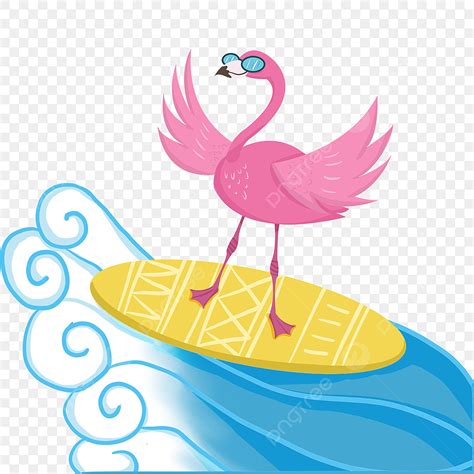 Summer Surf White Transparent Cartoon Flamingo Surfing With Sunglasses