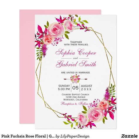 Pink Fuchsia Rose Floral Gold Frame Wedding Invitation Wedding