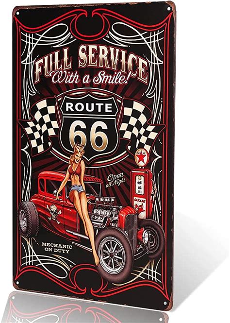 Full Service Hot Rod Route 66 Die Cut Metal Sign Pin Up