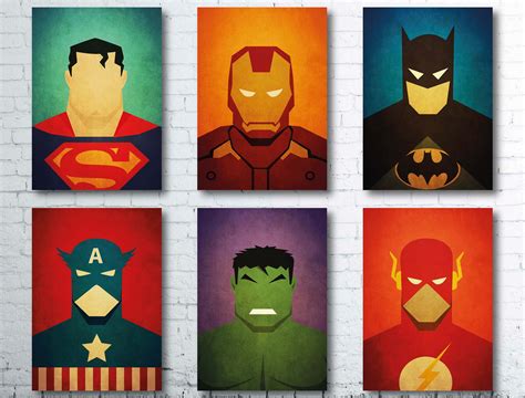 Superheroes Posters Set Vintage Movie Prints Superhero Etsy