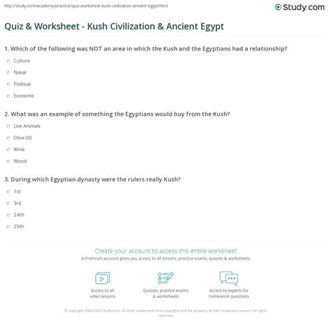 quiz and worksheet kush civilization and ancient egypt