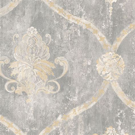 Norwall Wallcoverings Regal Damask Grey And Beige Wallpaper Mh36506