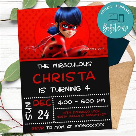 Editable Miraculous Ladybug Birthday Party Invitation Diy