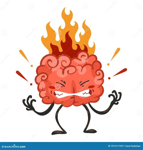 Brain Character Emotion Brain Character Stands Very Angry Fire From