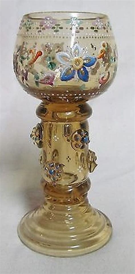 Moser Enameled Glass Cordial Stem Flowers Prunts Moser Glass Bohemia Glass Glass Engraving