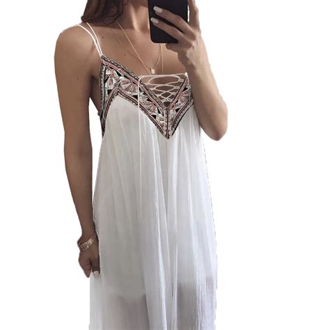 Spaghetti Strap White Chiffon Summer Dress Women Fashion Embroidery Lace Up Long Sexy Dress V