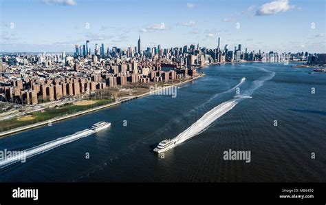 Aerial View Of The East River And Manhattan New York City Ny Usa
