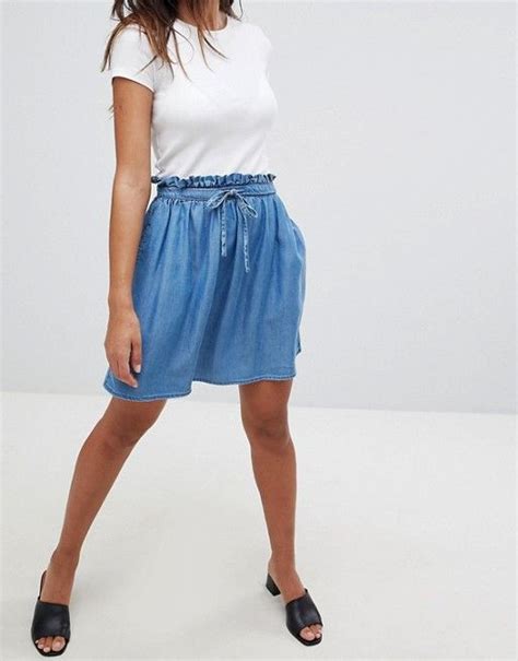 Asos Asos Design Denim Paperbag Skirt In Midwash Blue Denim