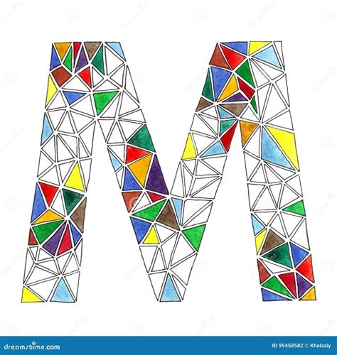 M Letter In Watercolor Tiled Mosaic In Geometric Style Stock