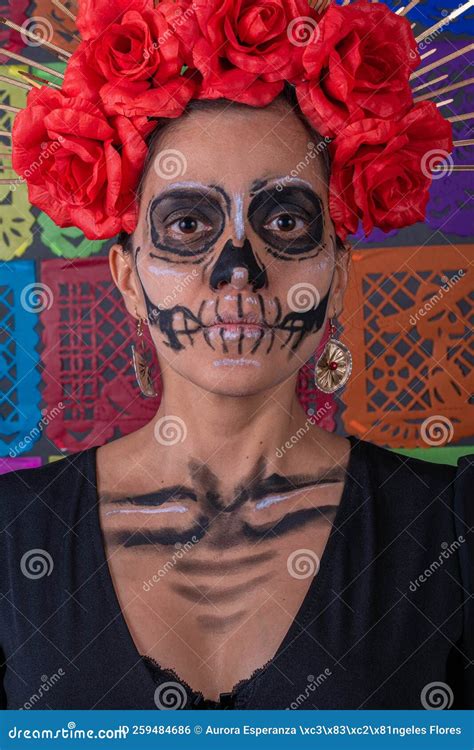 Mexican Woman In Traditional Make Up And Catrina Costume Stock Photo