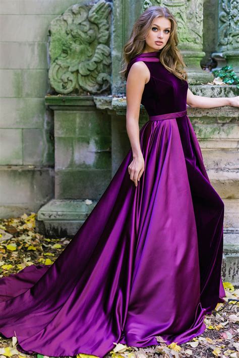 Jovani 41319 Purple Long Velvet Satin Column Gown Couture Dresses