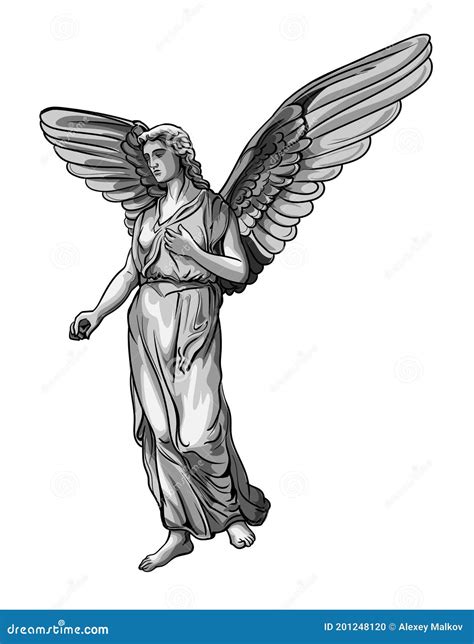 Standing Praying Angel Girl Sculpture With Wings Monochrome