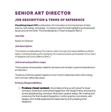 Art Director Job Description Template 8 Free Word Pdf Format Download